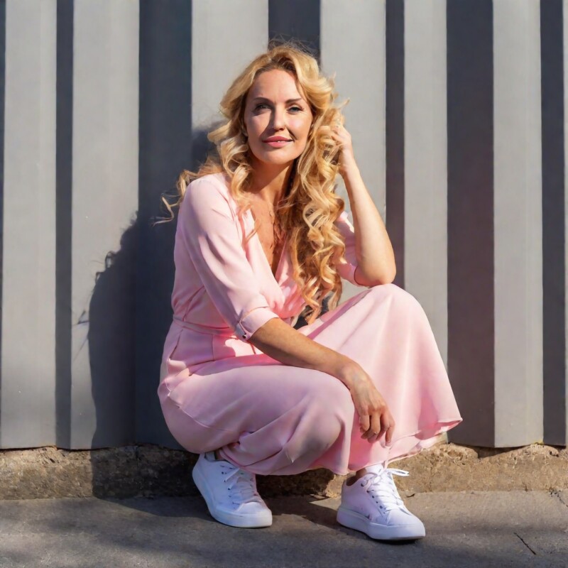 Blonde Frau trägt weiße Sneaker.s