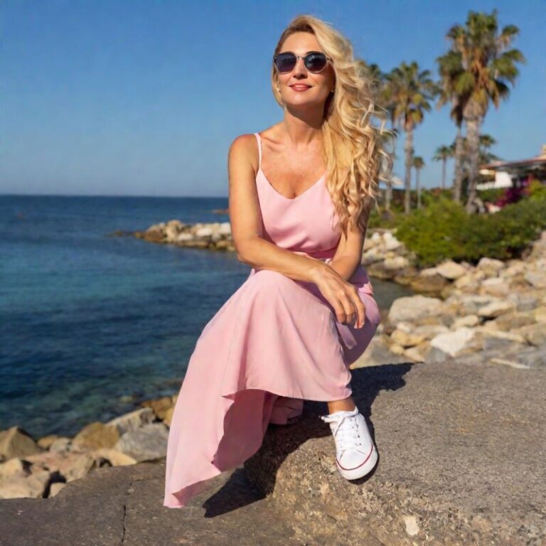 Eine am Ufer sitzende blonde Frau mit Sonnenbrille trägt weiße Sneaker zu einem Kleid.