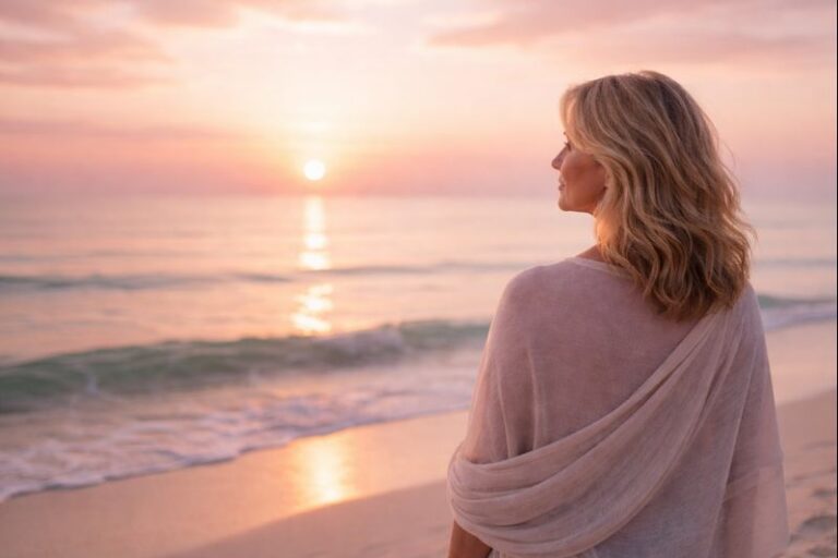 Frau über 50 blickt am Meer in den Sonnenaufgang – Loslassen mit 50plus