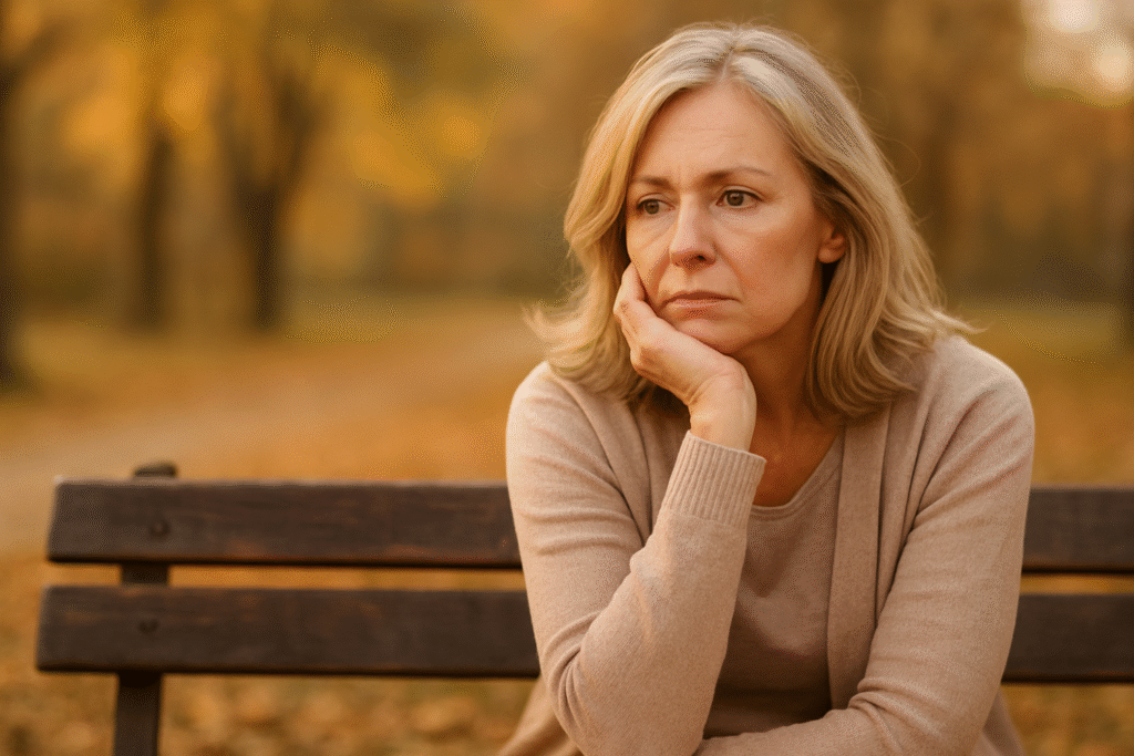Unzufriedenheit mit 50plus - eine unzufrieden wirkende Frau sitzt auf einer Parkbank.