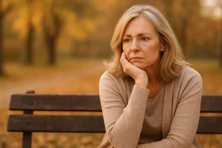 Unzufriedenheit mit 50plus - eine unzufrieden wirkende Frau sitzt auf einer Parkbank.