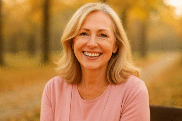 unzufriedenheit-mit-50plus-eine-zufrieden-wirkende-lächelnde-frau-sitzt-auf-einer-parkbank