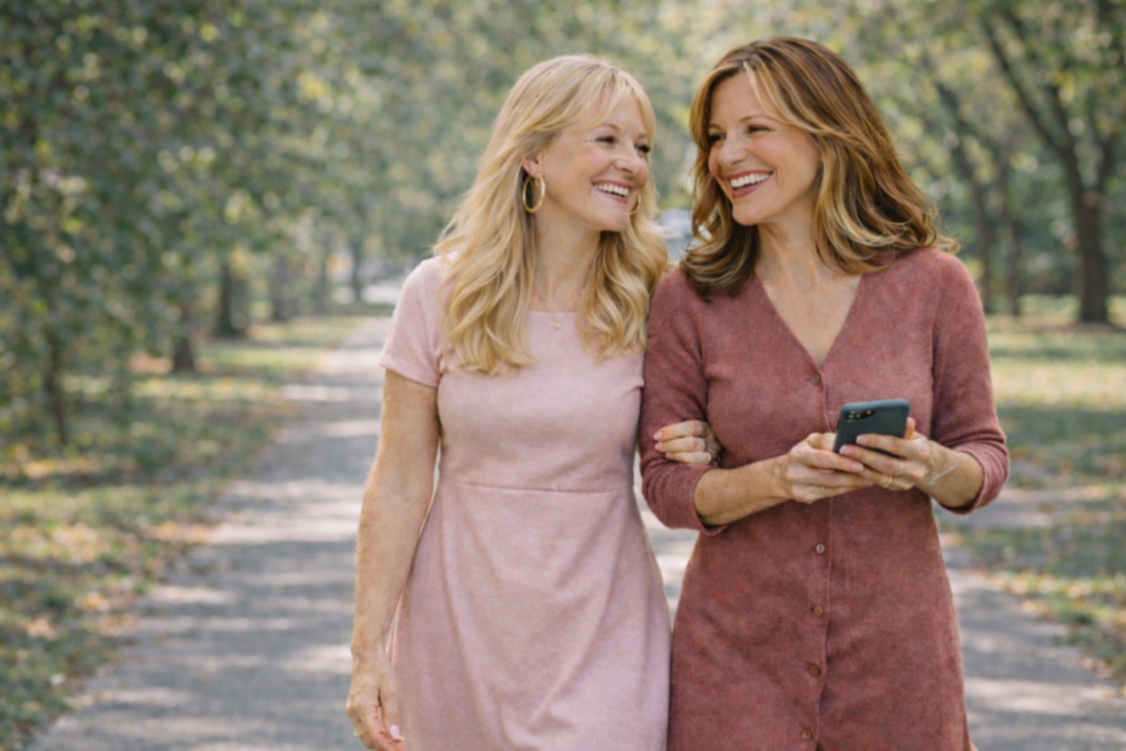 Freundinnen finden mit 50 - Zwei Freundinnen über 50 bei einem Spaziergang durch den Park