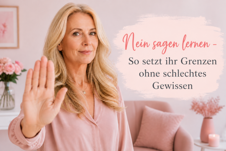 Nein sagen lernen - Attraktive blonde Frau über 50 hebt abwehrend ihre Hand als Zeichen für das Nein-Sagen