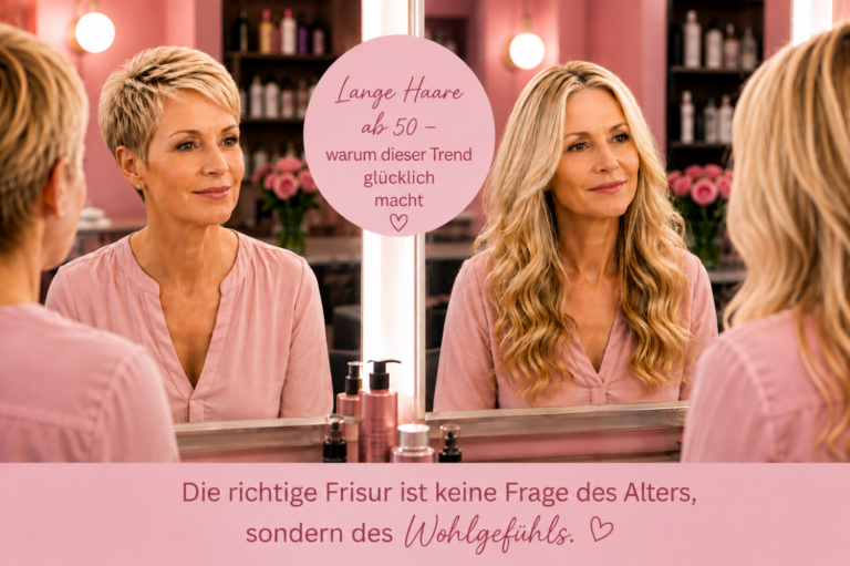 Lange Haare ab 50 - Vergleich einer Frau über 50 mit kurzen und mit langen Haaren