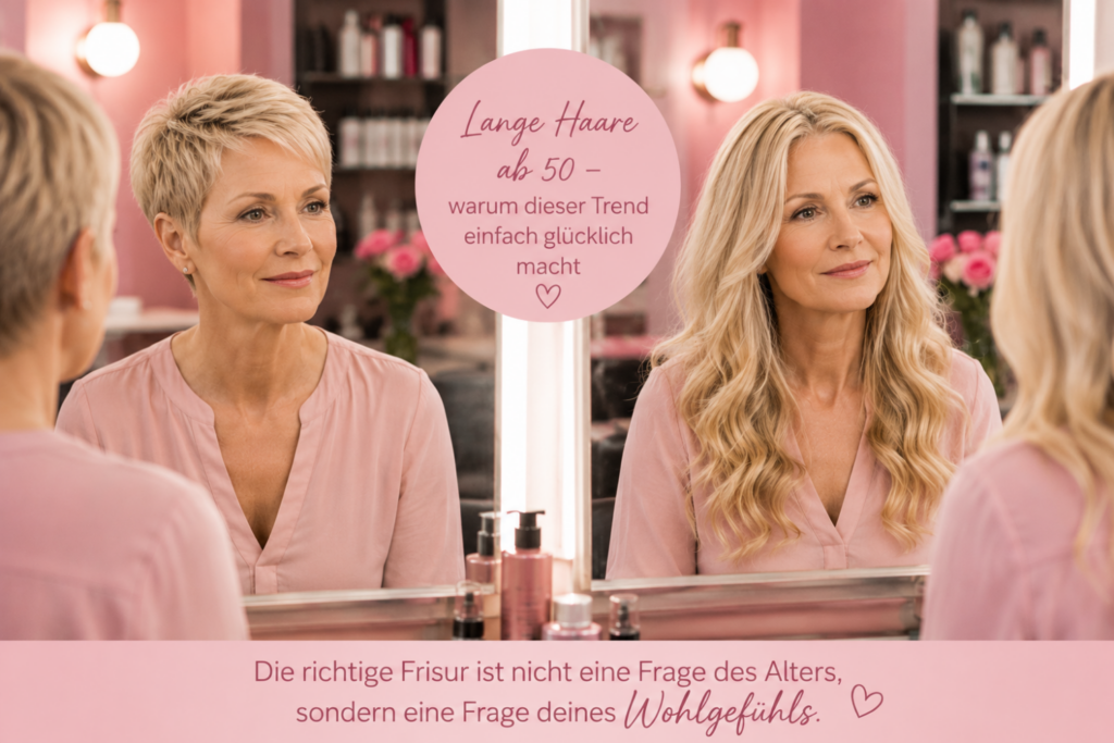 Lange Haare ab 50 - Vergleich einer Frau über 50 mit kurzen und mit langen Haaren